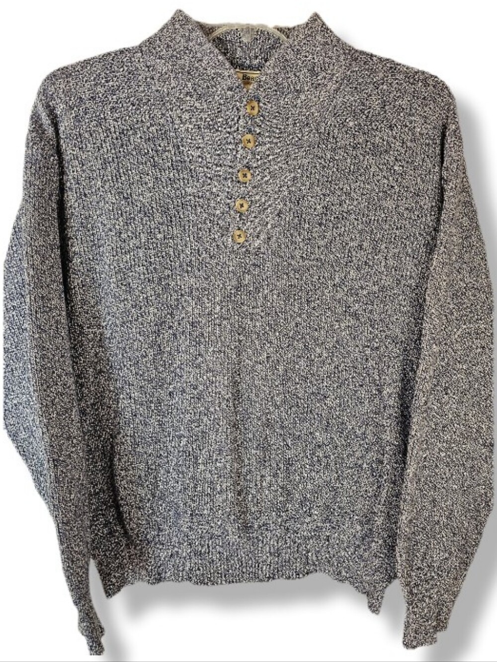 VTG 90s LL Bean Pullover Button Neck Marled Blue Sweater Size L Made in USA